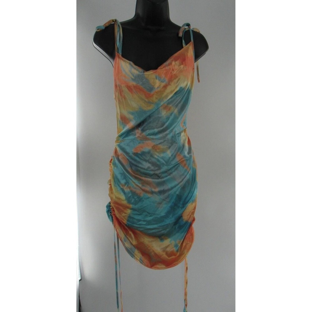 Womens Tie Dye Ruched Drawstring Knee Length Dress Orange Green Size Medium